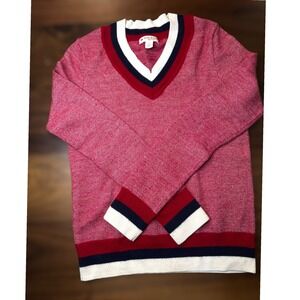 Brooks Brothers Preppy Red Fleece V Neck Sweater Red White Blue Stripe‎ Trim